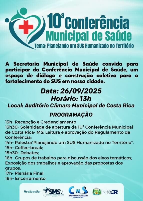 Imagem de compartilhamento para o artigo Prefeito delegado Cleverson convoca população para 10ª Conferência Municipal de Saúde em Costa Rica da MS Todo dia